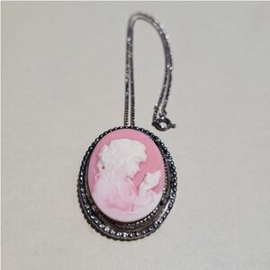 Vintage Cameo Necklace Pink Victorian Style Brooch Pendant Bird